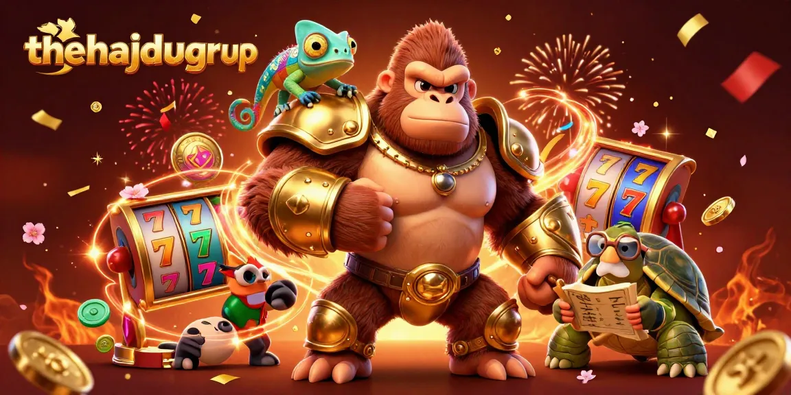 Thehajdugroup showcases a powerful gorilla king celebrating with dynamic slot game elements in a vibrant casino scene.