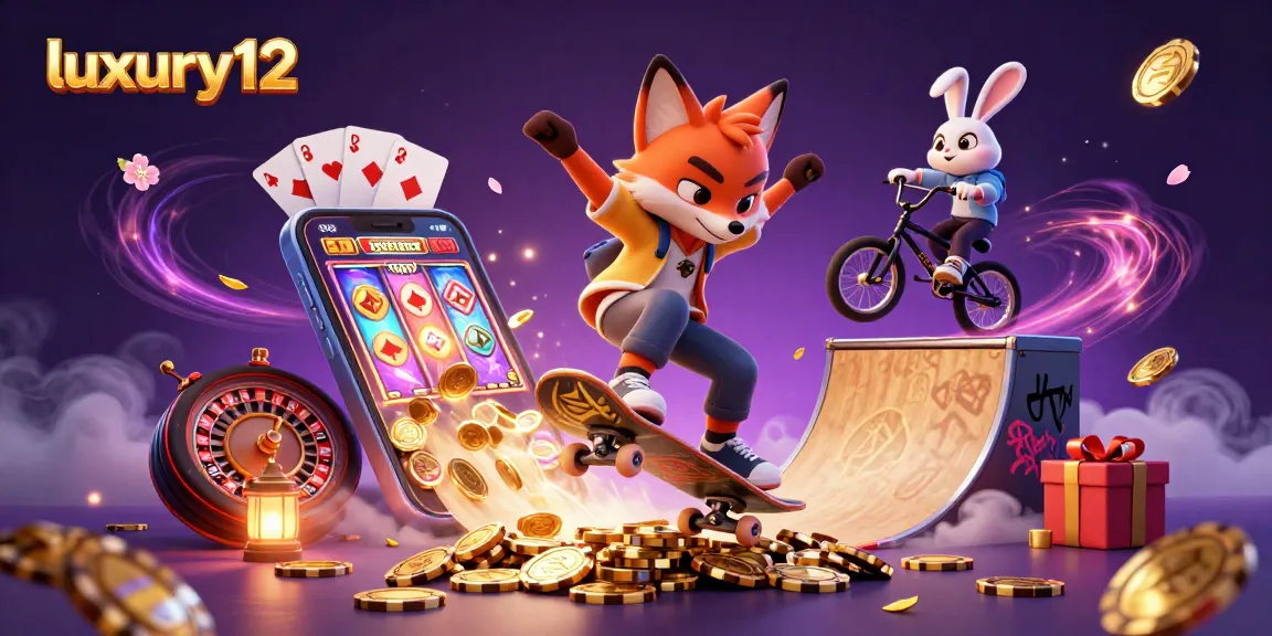 Experience luxury12's vibrant gaming world with a skateboarder fox and BMX-riding rabbit in an animated casino scene.