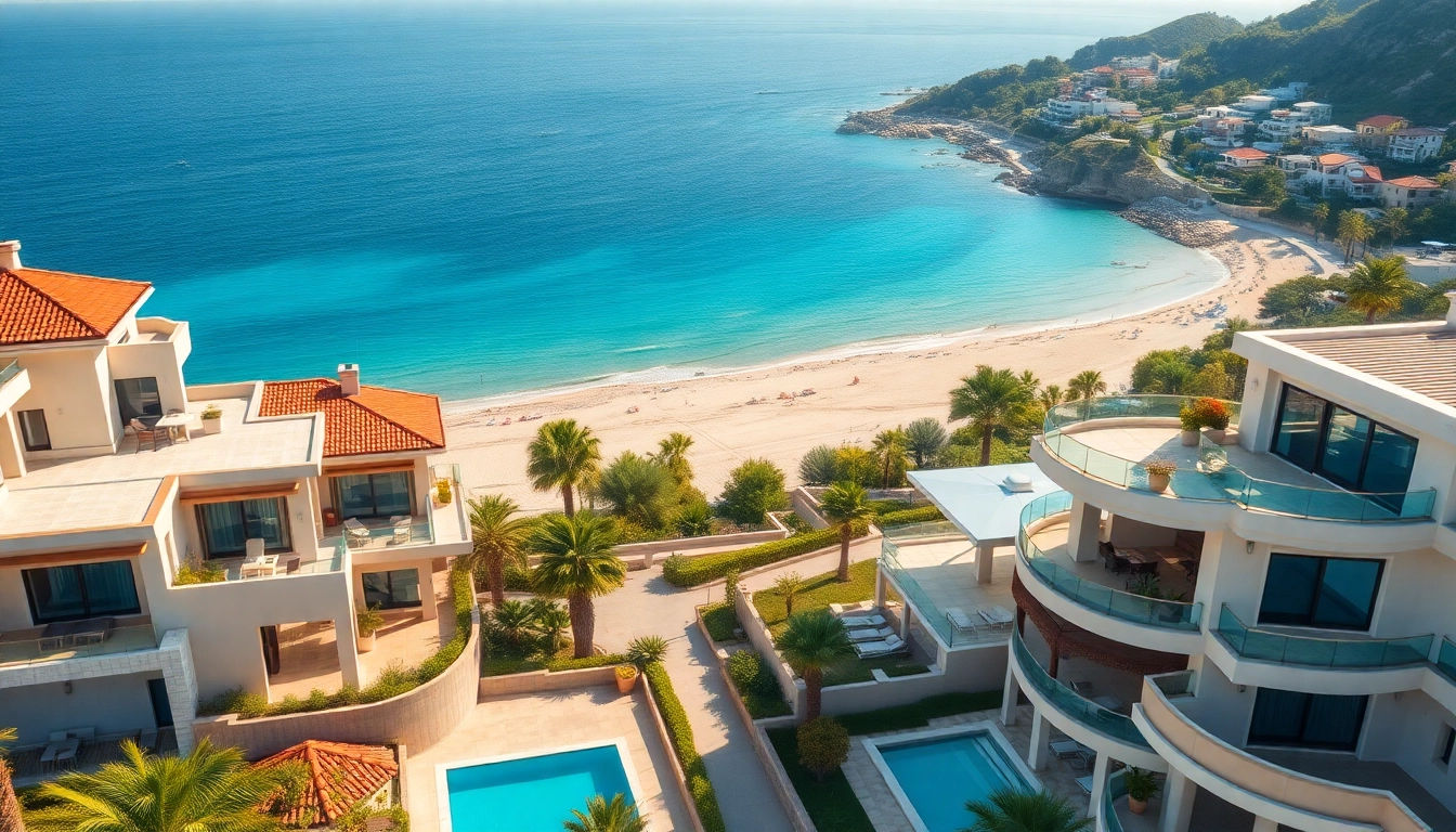 Stunning real estate in Alanya showcased waterfront with luxurious villas and scenic views.