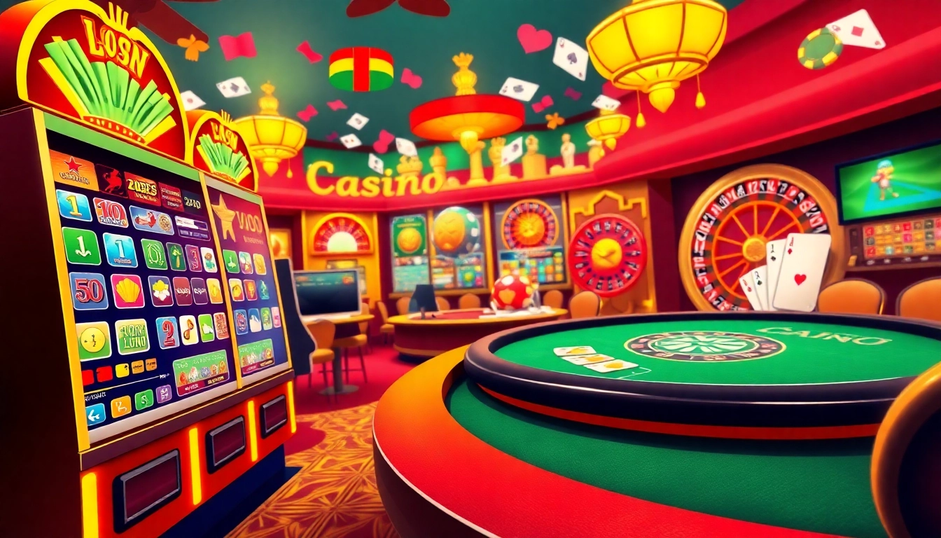 Experience the thrill of Non Uk Casino 2025 with engaging illustrations of games and vibrant settings.