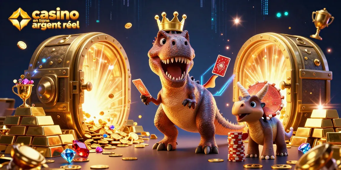 Jouer au casino en ligne argent réel avec un T-Rex et un tricératops amusant, entourés de trésors scintillants.