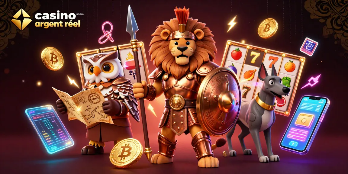 Jouez au casino en ligne argent réel avec une illustration dynamique de personnages et éléments de jeu.