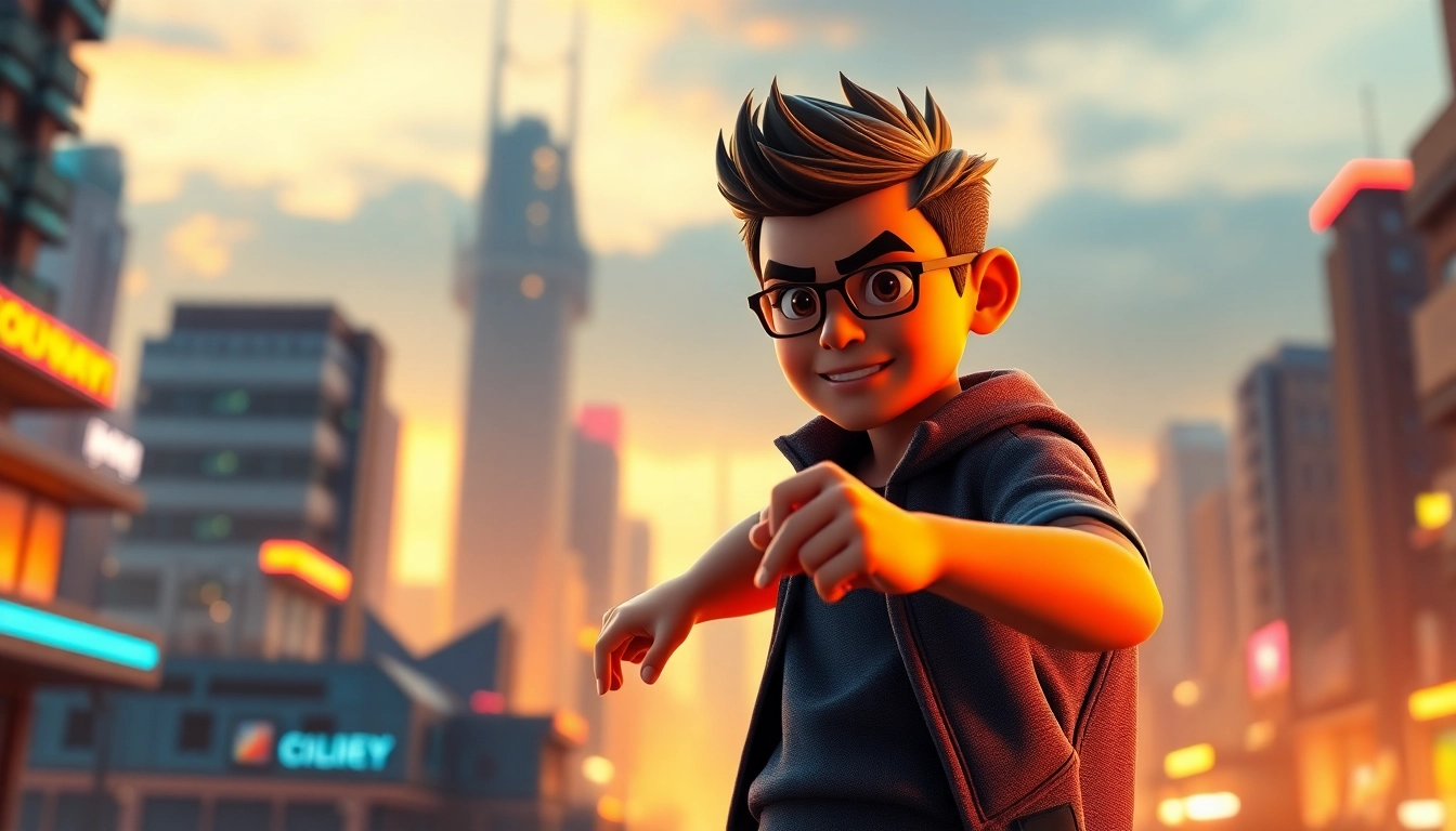 3D Animation character in a dynamic action pose within a vibrant, animated futuristic cityscape.