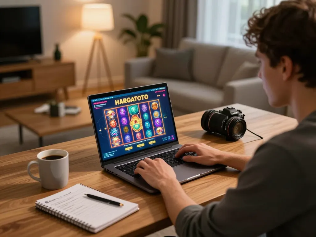 Experience hargatoto login on a cozy home setup with vibrant online slots in play.
