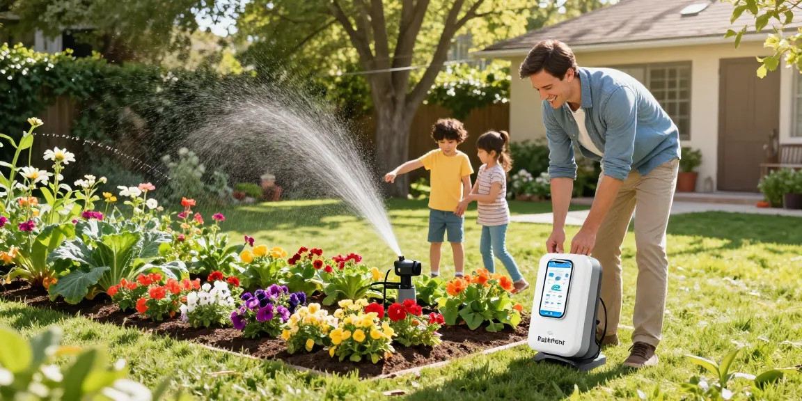 Family using the RainPoint wifi irrigation system in a vibrant garden, ensuring optimal plant care.