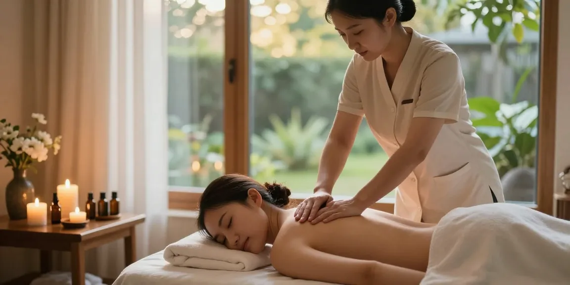 Massage therapy session in a tranquil spa environment with soothing lighting and professional touch.