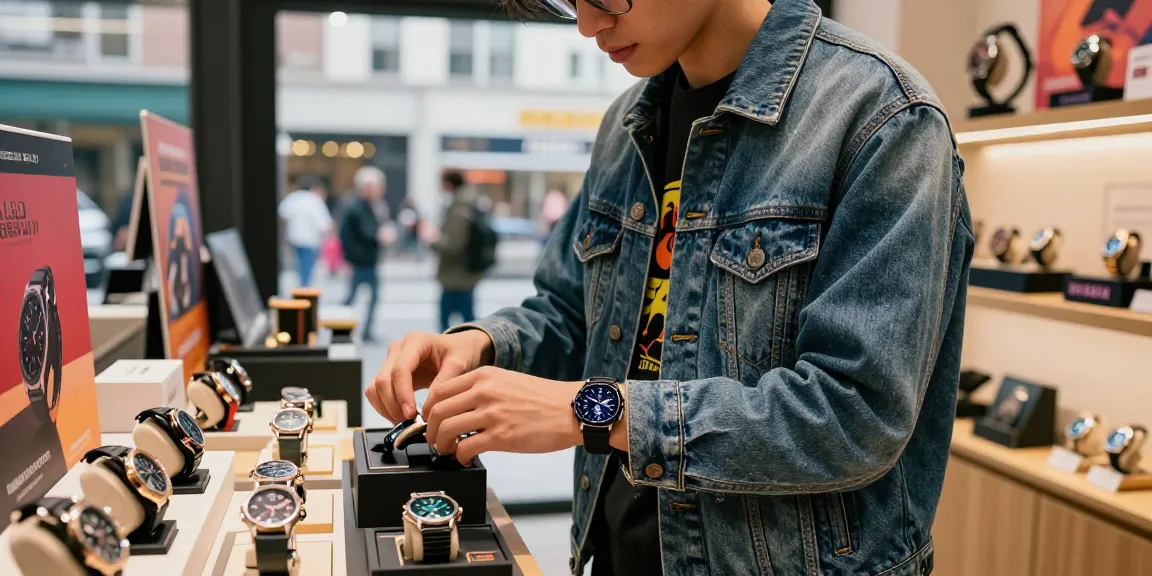 Stylish individual exploring luxury 시계 레플리카 in urban e-commerce setting.