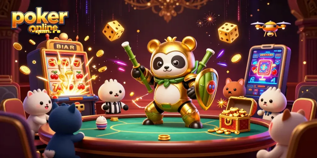 Juega al póker online en España con un panda mecánico en un torneo vibrante.