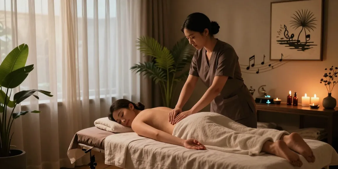 Massage therapy room featuring a peaceful 스웨디시 마사지 session with essential oils and soft lighting.