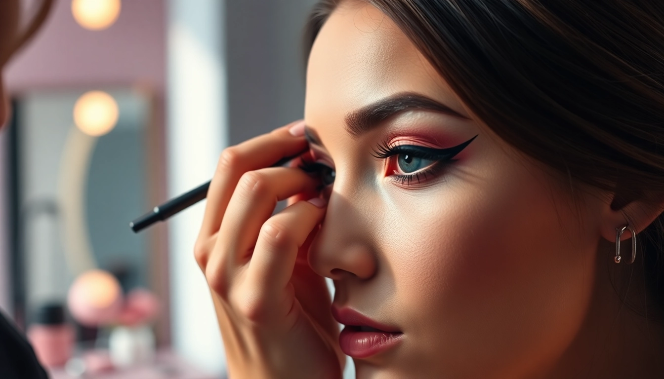 Applying Insanely Intense Tattooed Eyeliner with precision in a chic studio.