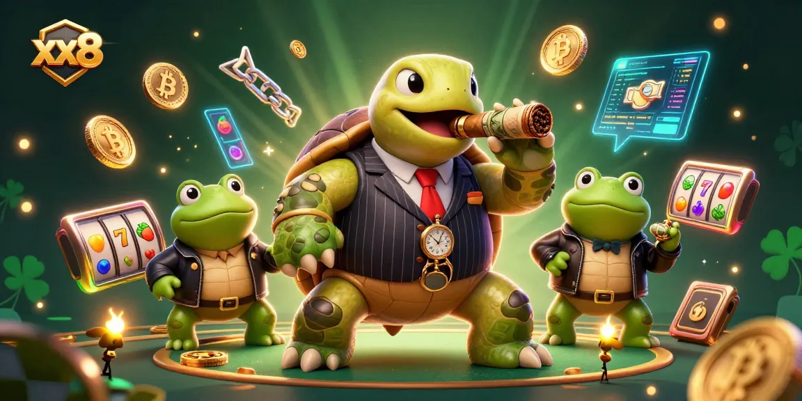 Play exciting games at xx8 featuring a turtle mobster surrounded by crypto elements