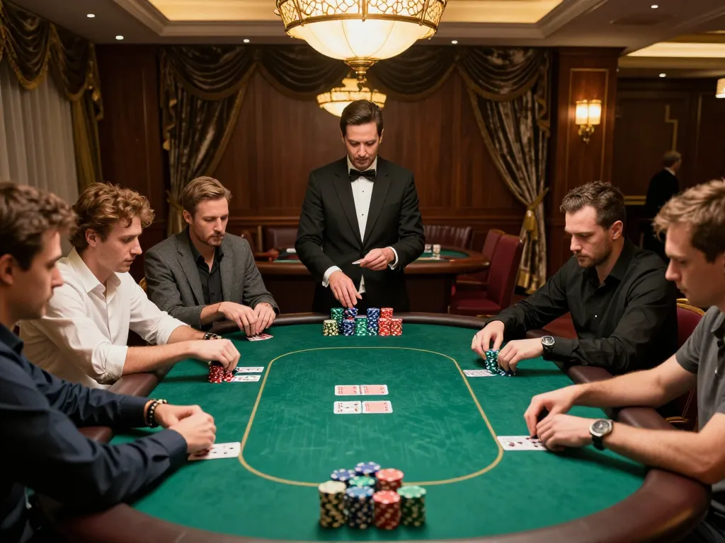 Engaged players strategizing during an intense poker game at nk88 casino.