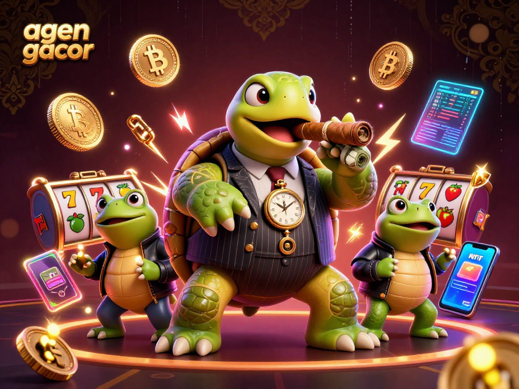 Experience the excitement of agen gacor with a vibrant 3D casino scene featuring a unique turtle character and dynamic slot elements.