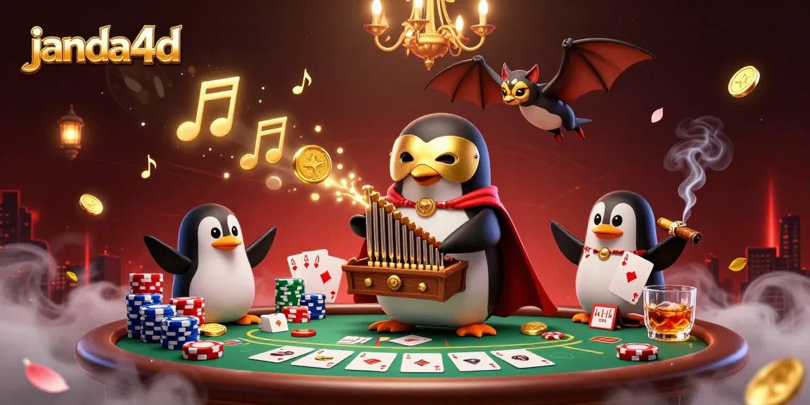 janda4d menampilkan penguin opera beraksi di kasino dengan koin emas dan permainan kartu.