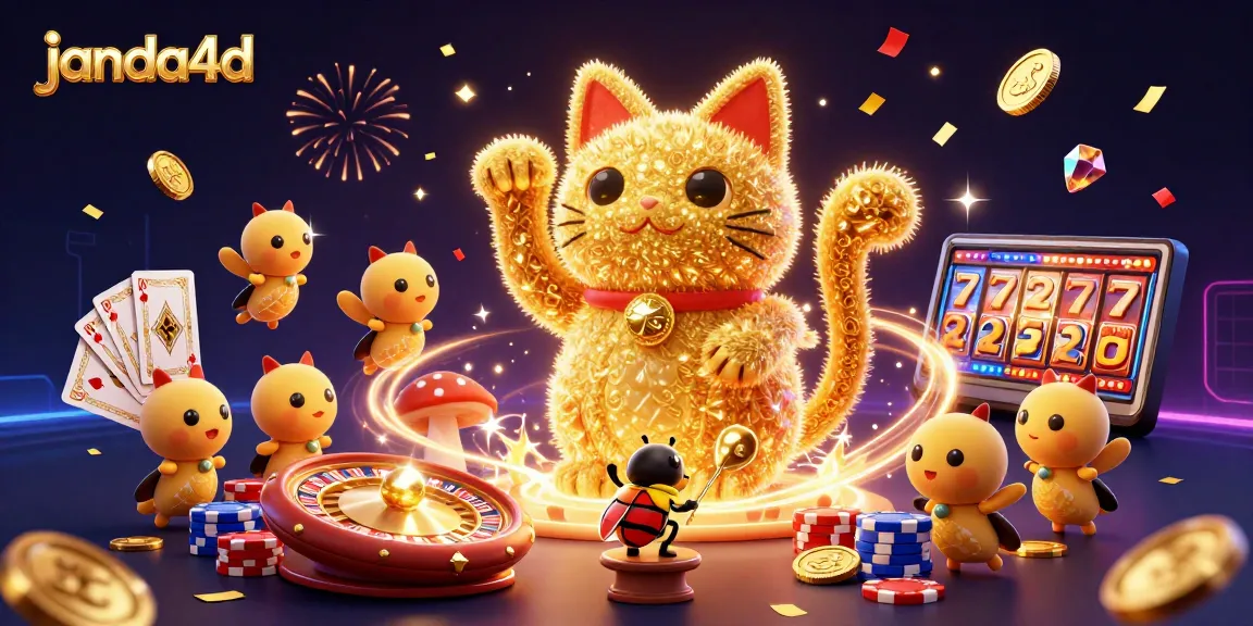 Janda4d menghadirkan kucing keberuntungan emas dan simbol kasino yang melambai di latar belakang yang mengesankan.