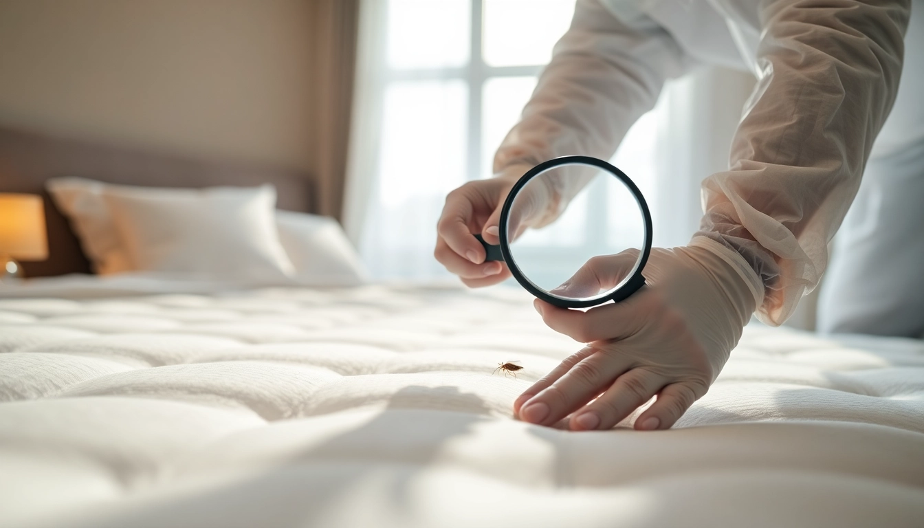 Expert bed bug extermination near me demonstrated in a tidy bedroom with proper inspection techniques.