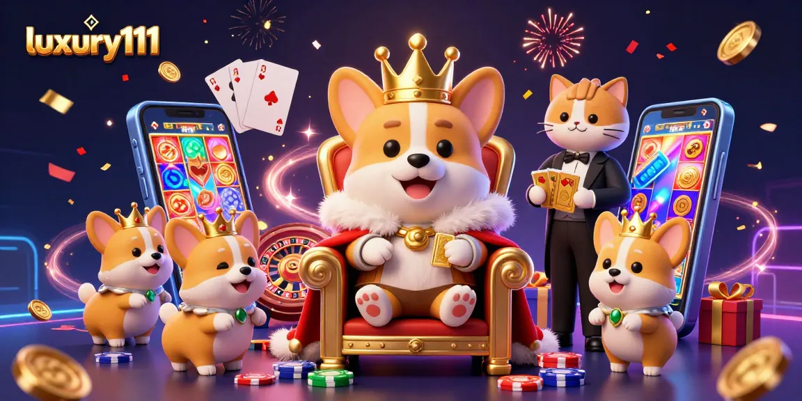 Experience luxury111 with a royal corgi on a poker chip throne, revealing exciting online casino adventures.