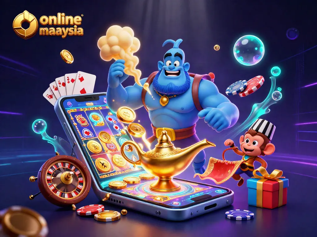 Engage in thrilling action at online casino malaysia with vibrant visuals of a genie, monkey, and magic carpet.