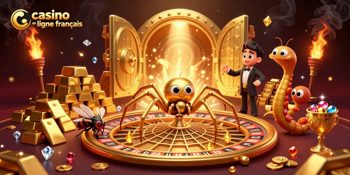 Gagnez au casino en ligne français avec une illustration captivante présentant une araignée dorée et des trésors scintillants.