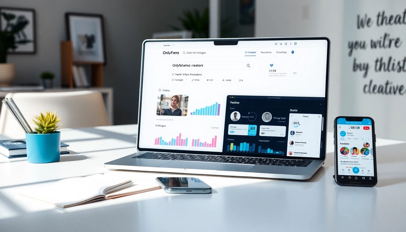 Visual representation of tools for finding OnlyFans creators on a sleek digital workspace with engagement stats.