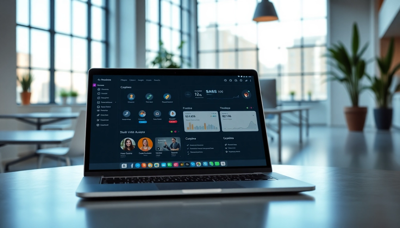 Showcase of enterprise assistant saas on a laptop in a modern office environment.
