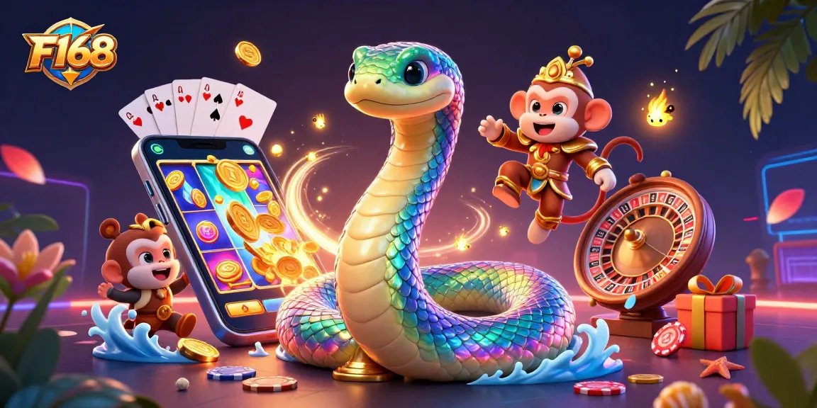 F168 promotes excitement with a dynamic illustration of a colorful serpent, monkey king, and gaming elements.
