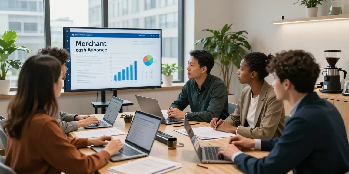 Team brainstorming about a uk merchant cash advance in a modern office setting with charts and laptops.