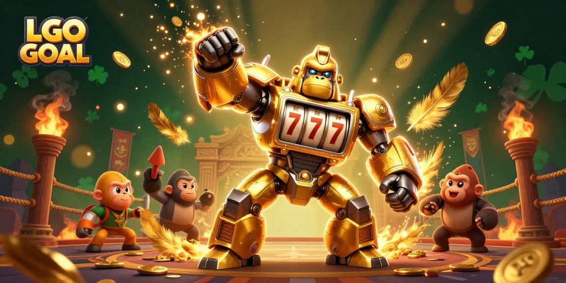 Experience the LGO GOAL as a mech gorilla reveals gambling treasures in a dynamic casino battle scene.