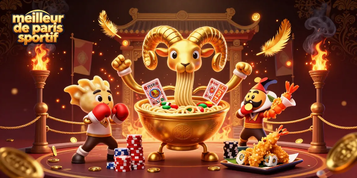 Image illustrant le meilleur site de paris sportif avec un bol de ramen géant en or et des éléments de casino dynamiques.