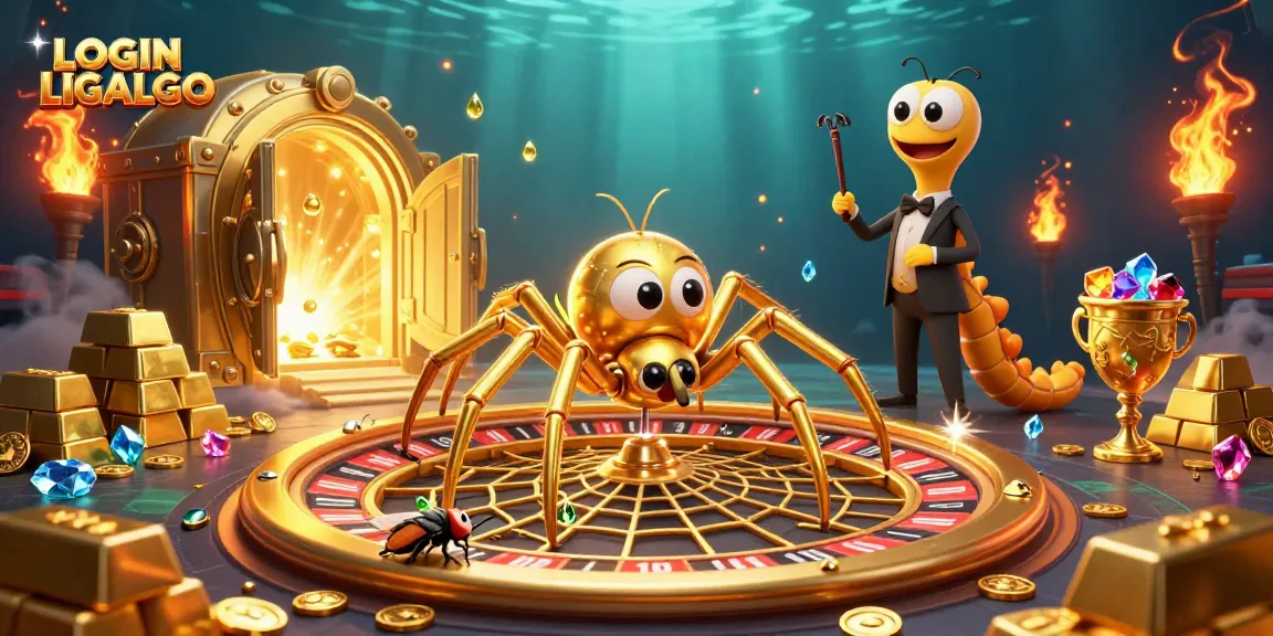 Experience the thrill at LOGIN LIGALGO as a cartoon fly bets on a roulette wheel web spun by a golden spider.