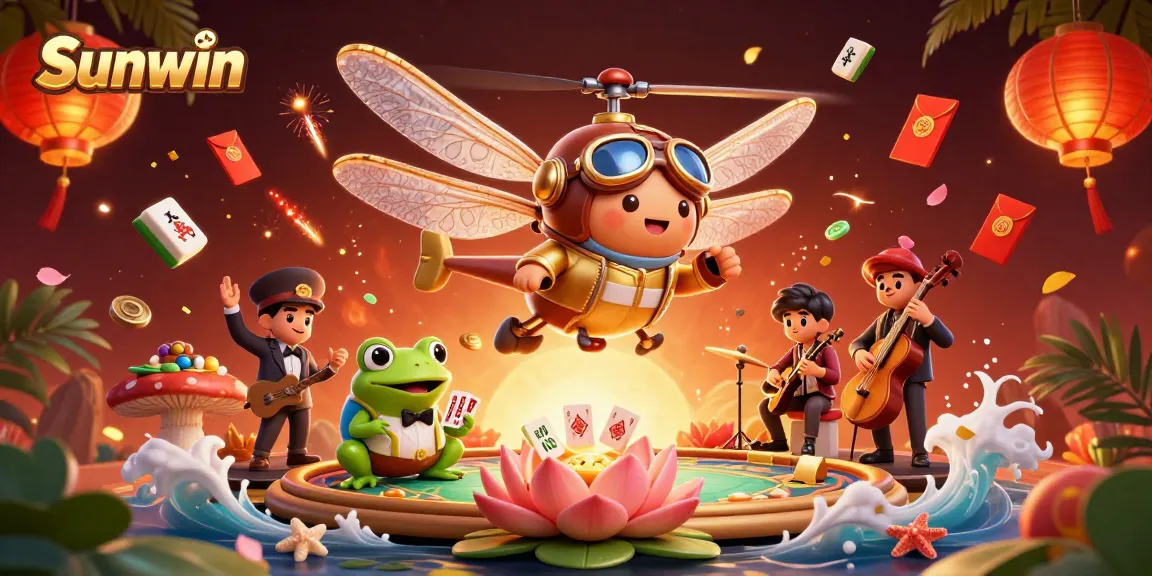 Play casino games at Sunwin with a whimsical scene of a dragonfly pilot and frog dealer.