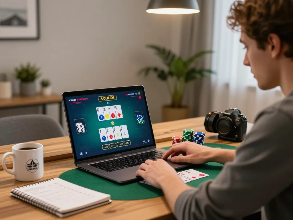 Engaging online poker game showcasing trang chủ lc88 strategies in a cozy home office.