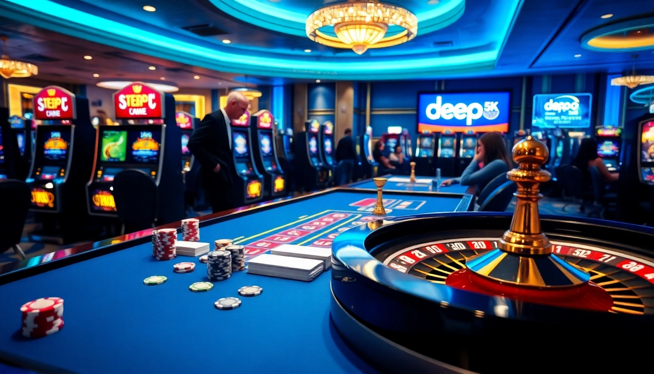 Engaging scene of a casino atmosphere with players enjoying poker and slots, featuring depo 5k promotions.
