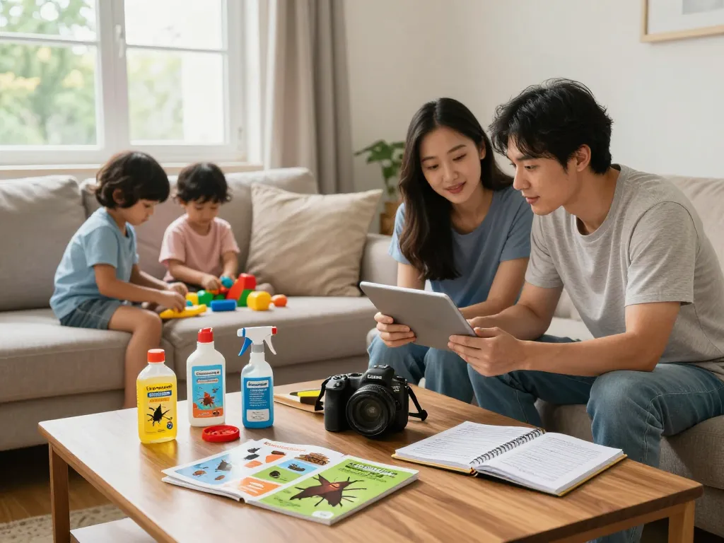 Pest control guide preparation in a cozy family living room, showcasing proactive pest management.