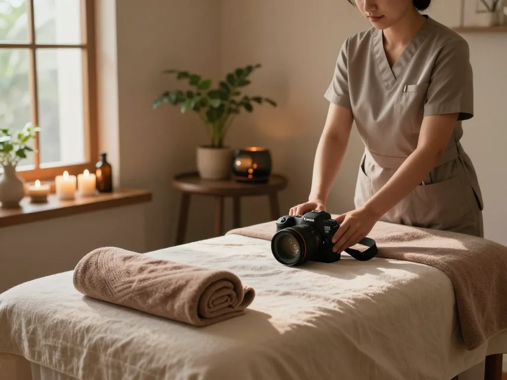 Serene 1인샵 massage therapy room with soft linens, candles, and essential oils.