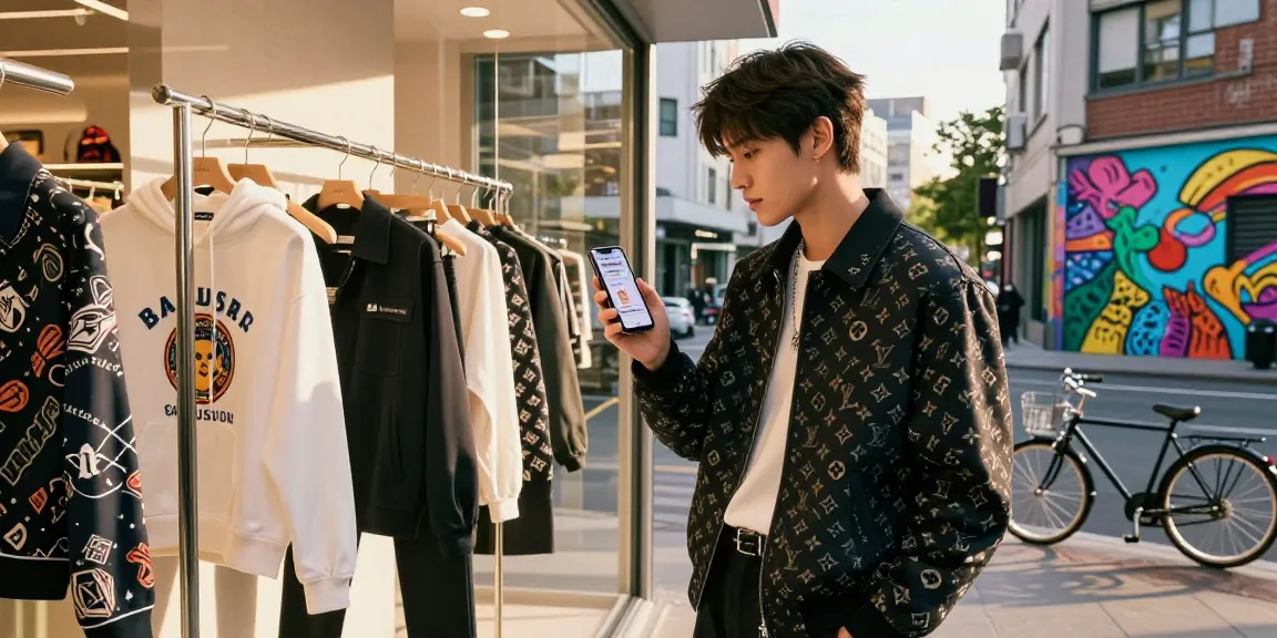 Fashionable individual exploring luxury 레플리카 clothing in a trendy urban environment
