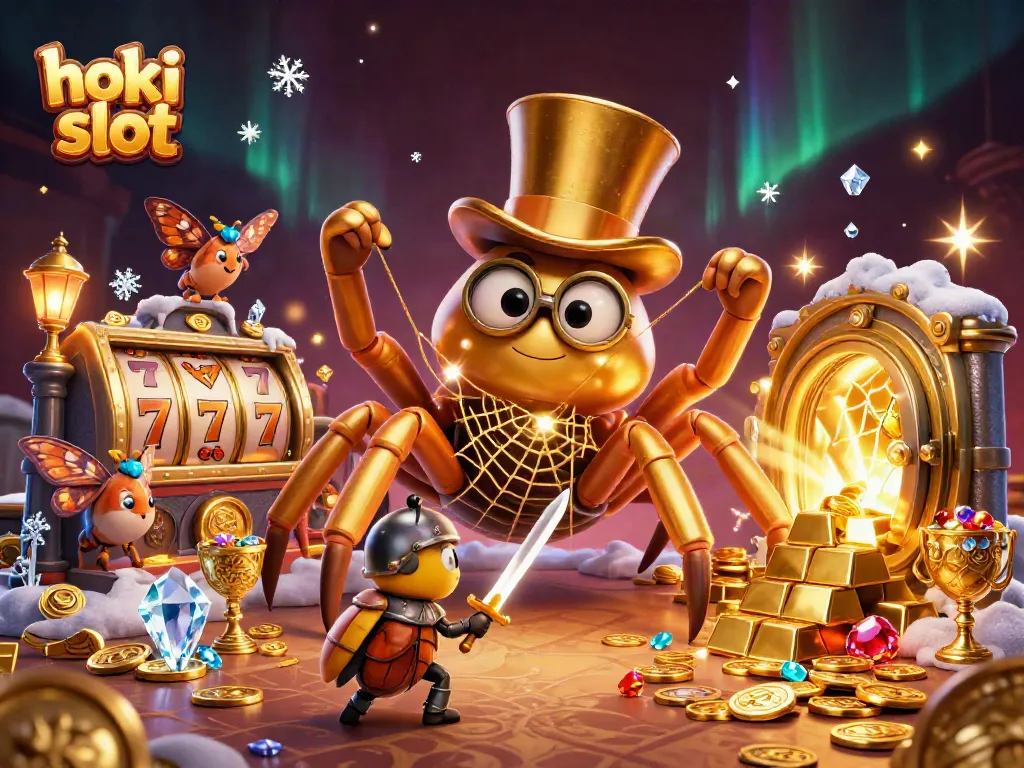 Engage in thrilling hoki slot action with golden tarantula and brave beetle in vivid adventure