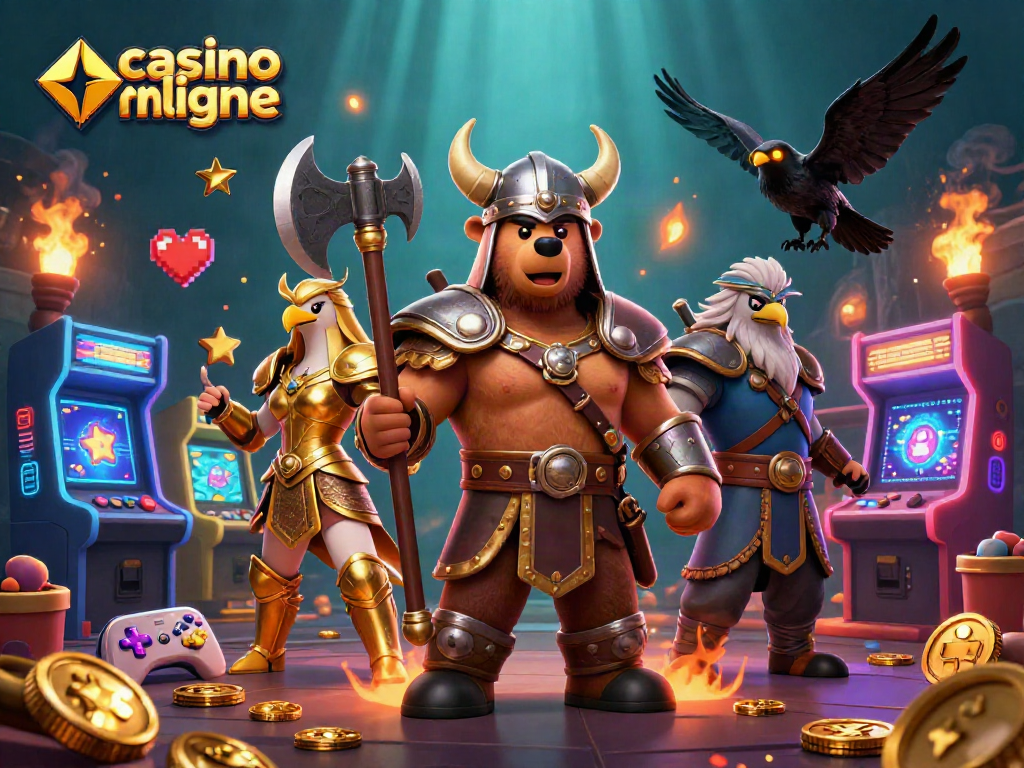 Jouez à casino en ligne Neosurf avec un ours viking et une aigle valkyrie dans un décor dynamique.