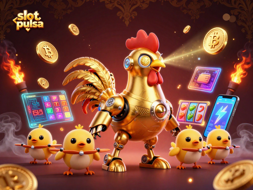 Menang besar dengan slot pulsa dalam ilustrasi kasino yang penuh warna dan detail.