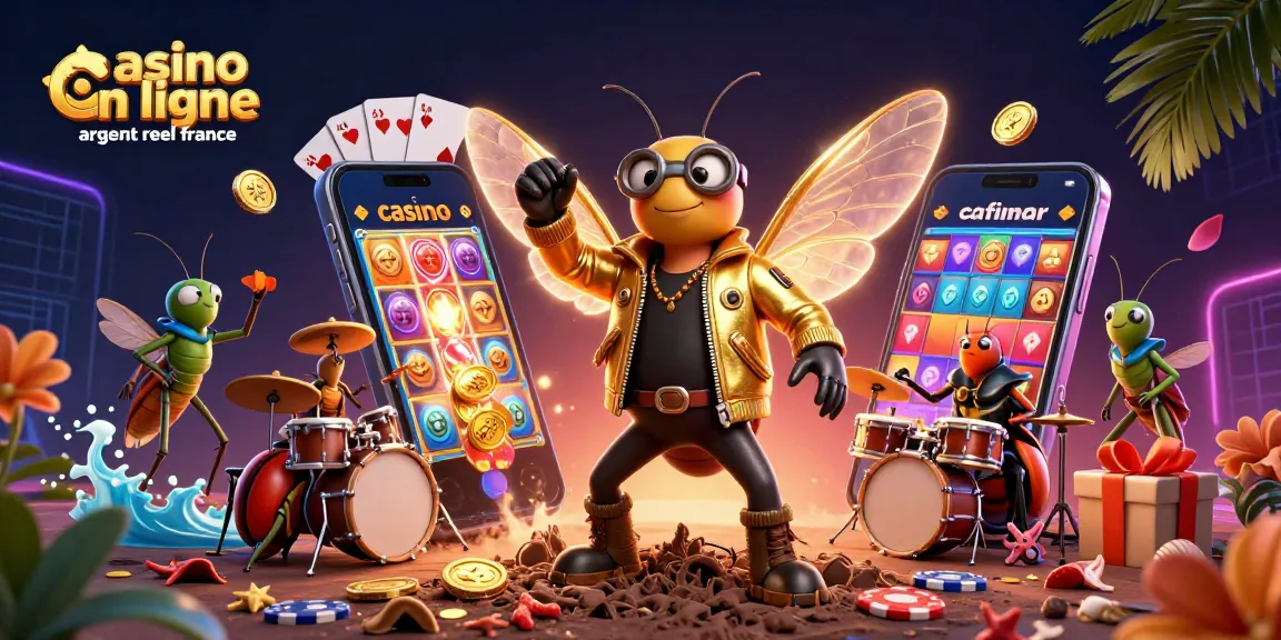 Découvrez l'animation captivante d'un casino en ligne argent réel France avec une scène dynamique de personnages musicaux et des jeux.