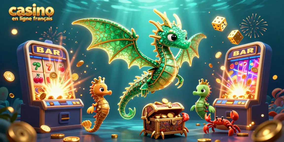 Découvrez le casino en ligne français avec une scène animée de dragon et de crabe autour d'une machine à sous.