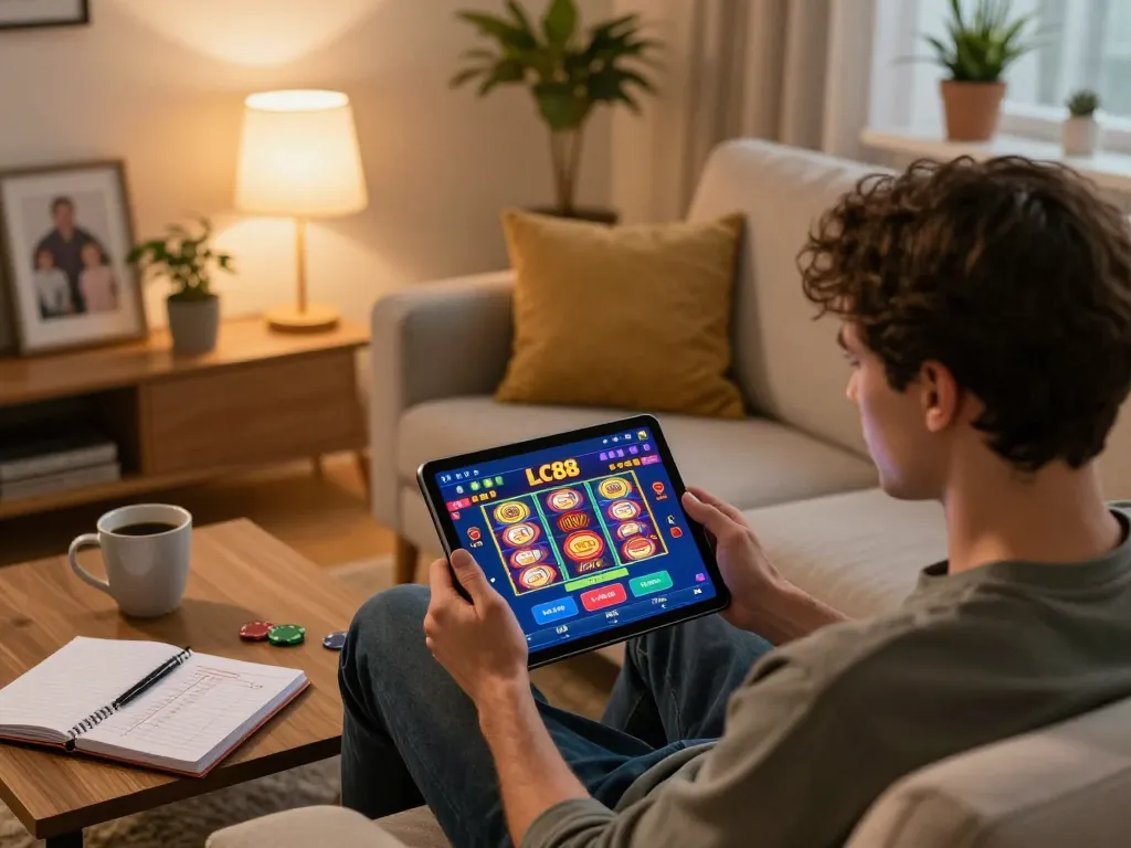 Player engages with LC88 app on tablet for a strategic online casino session.