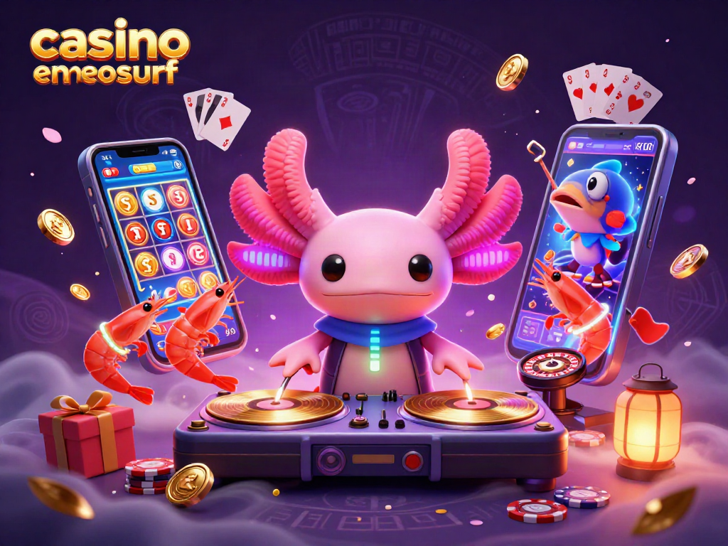 Casino en ligne Neosurf : ambiance festive avec un DJ axolotl et des éléments de jeu vibrants.