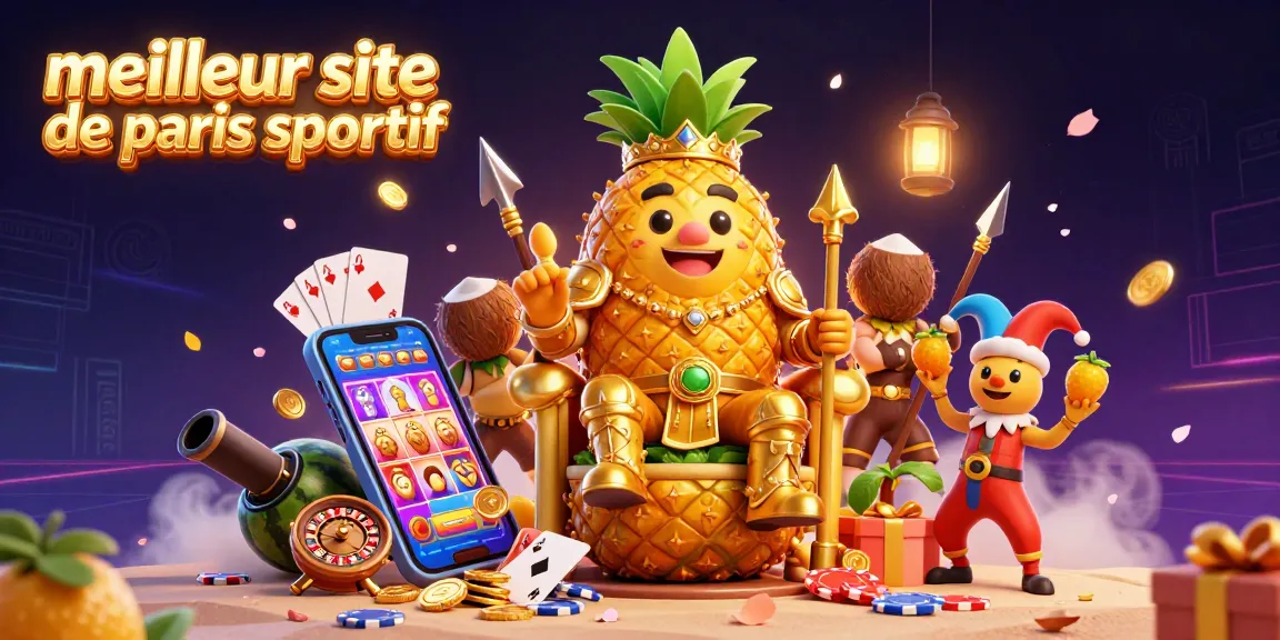 Découvrez le meilleur site de paris sportif avec une illustration dynamique du roi ananas entouré de ses gardes et éléments de jeux.