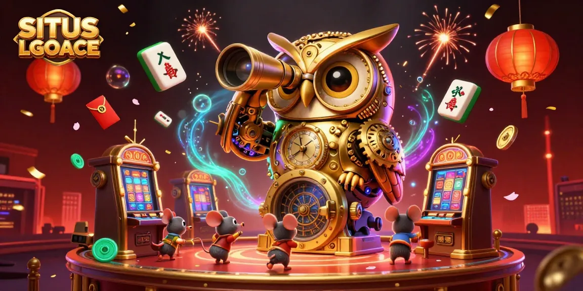 SITUS LGOACE showcases vibrant casino energy with a golden owl scanning the floor, enhancing the gaming atmosphere.