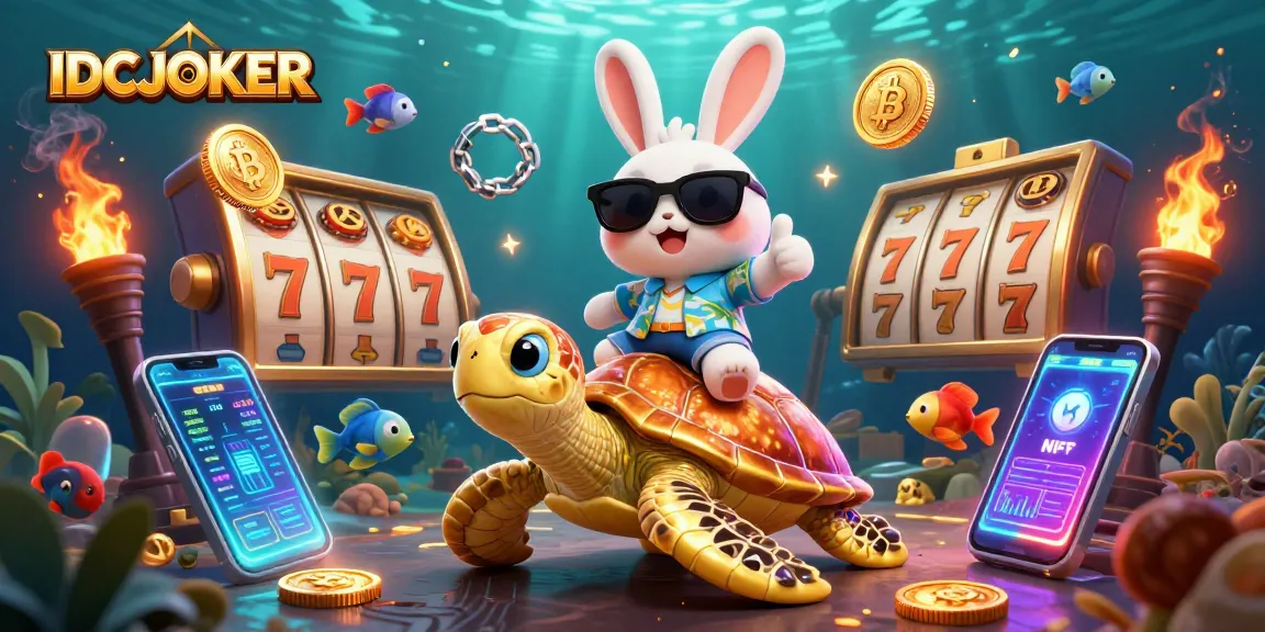 IDCJOKER brings excitement with a 3D lucky rabbit and golden sea turtle amidst vibrant slot game symbols.