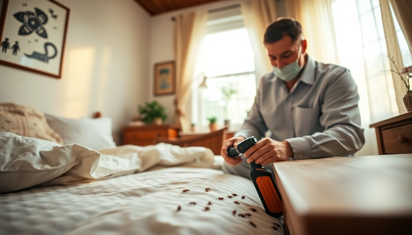 Effective bed bug extermination near me with a professional examining a cozy bedroom.