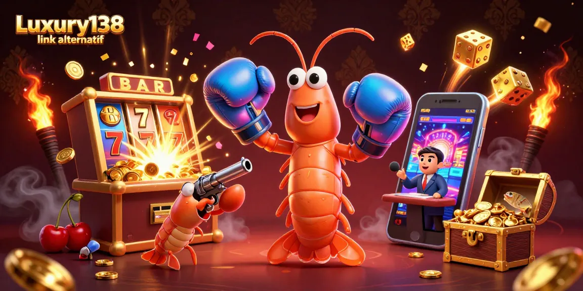 Engage with Luxury138 link alternatif in a vibrant casino setting featuring animated characters, slot machines, and gold