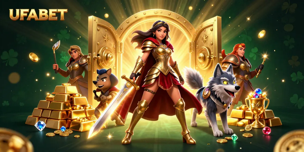 Engage with UFABET's vibrant gaming scene featuring a warrior queen, treasure vaults, and dazzling gold elements.