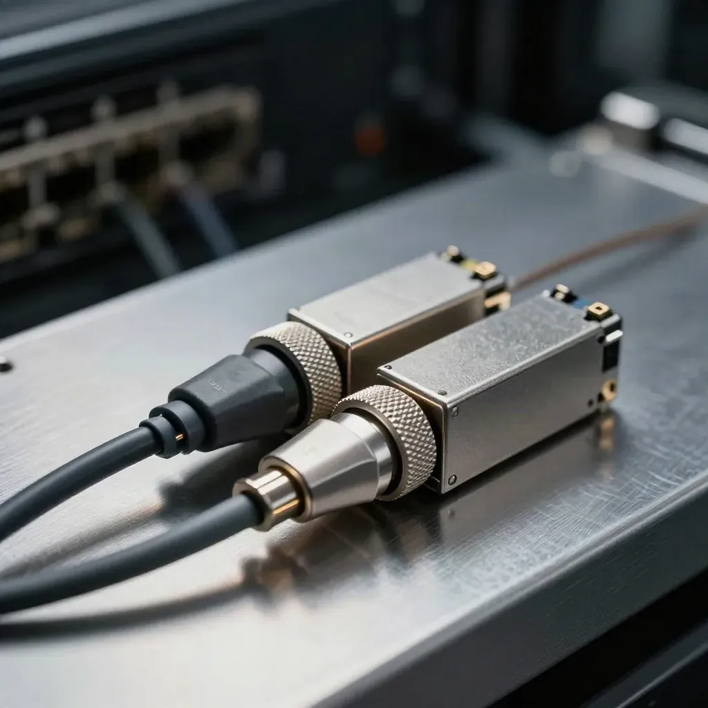 Fiber couplers, SFP module, and patch lead on brushed metal in a dramatic server-room still life
